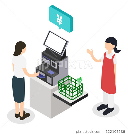 一名婦女在超市使用自助結帳台和一名店員引導她的等距插圖 122103286