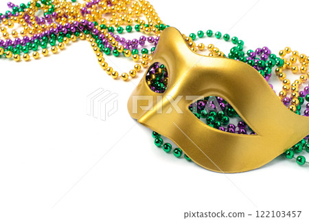 Mardi gras beads and mask isolated on white background 122103457