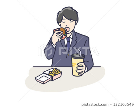 Illustration of a male student in uniform eating fast food Illustration of a male student in uniform eating fast food 122103549