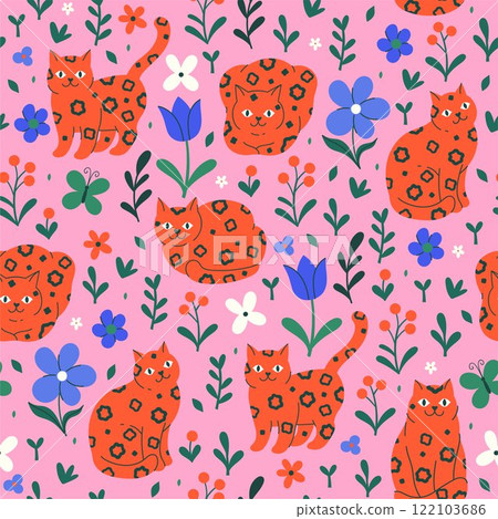 Seamless pattern with cute spotted cats and flowers. Vector graphics. 122103686