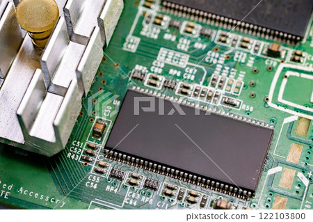 High resolution close up photo of a computer motherboard 122103800