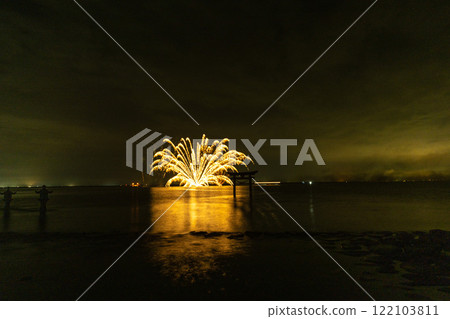Fireworks on the water surrounding the torii gate at Nagao Tsurugi Shrine, Shiranui Sea Festival (fireworks display), Shiranui Town, Uki City 122103811