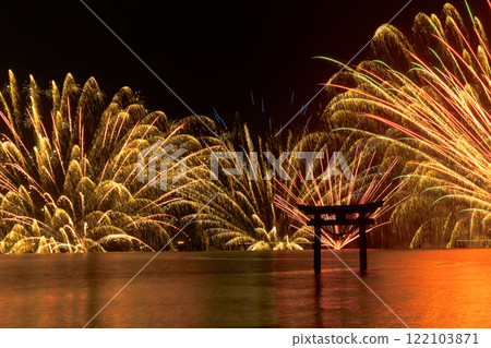 Fireworks on the water surrounding the torii gate at Nagao Tsurugi Shrine, Shiranui Sea Festival (fireworks display), Shiranui Town, Uki City Fireworks on the water surrounding the torii gate at Nagao Tsurugi Shrine, Shiranui Sea Festival (fireworks display), Shiranui Town, Uki City 122103871