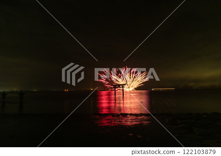 Fireworks on the water surrounding the torii gate at Nagao Tsurugi Shrine, Shiranui Sea Festival (fireworks display), Shiranui Town, Uki City 122103879