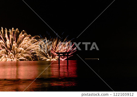 Fireworks on the water surrounding the torii gate at Nagao Tsurugi Shrine, Shiranui Sea Festival (fireworks display), Shiranui Town, Uki City 122103912