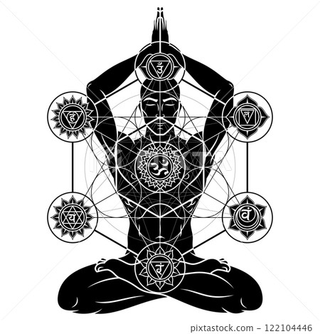 Man meditating in lotus position 122104446