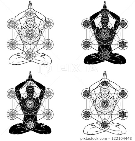 Man meditating in lotus position 122104448