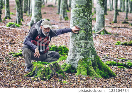 Explorer Observing Nature in a Beech Forest 122104784