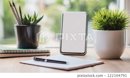 Smartphone with blank screen standing on wooden desk in home office 122104791