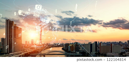 Modern cities and communication networks Horizontal visuals for banners and advertisements 122104814