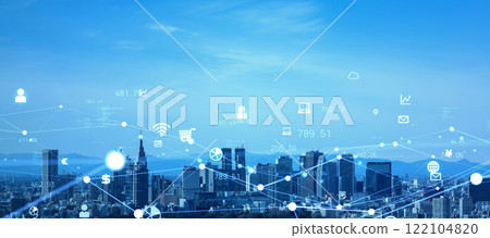 Modern city and digital network: Horizontal visuals for banners and advertisements Modern city and digital network: Horizontal visuals for banners and advertisements 122104820