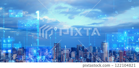 Modern city and digital technology: Horizontal visuals for banners and advertisements Modern city and digital technology: Horizontal visuals for banners and advertisements 122104821