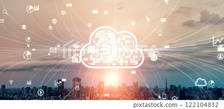 Modern city and cloud network Horizontal visual for banners and advertisements 122104832