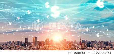 Modern city and financial network: Horizontal visual for banners and advertisements 122104833