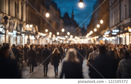 Blurred Crowd of People On Street, unrecognizable crowded population as blur urban background, rush hour. AI 122105372