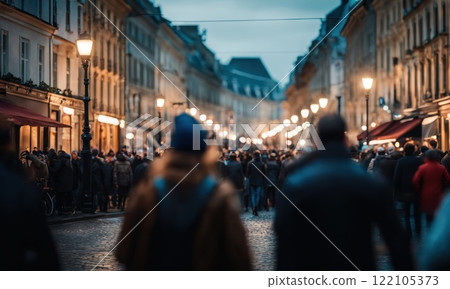 Blurred Crowd of People On Street, unrecognizable crowded population as blur urban background, rush hour. AI 122105373
