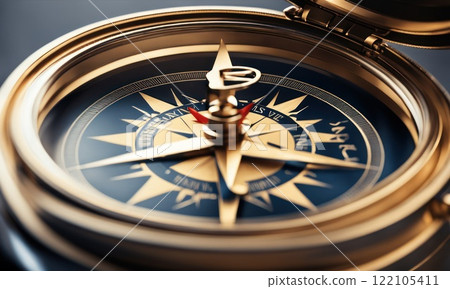 Business goals direction, guidance, mission plan, navigate strategy, achievement objectives and success concepts. Close-up target dart icon on antique round compass with metallic arrow. AI 122105411
