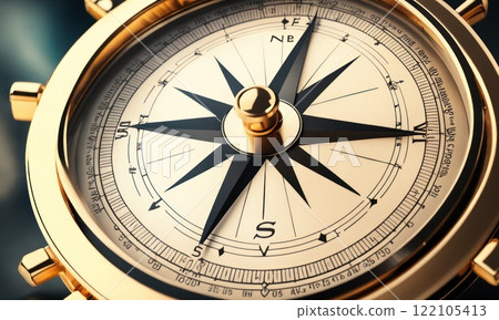 Business goals direction, guidance, mission plan, navigate strategy, achievement objectives and success concepts. Close-up target dart icon on antique round compass with metallic arrow. AI 122105413