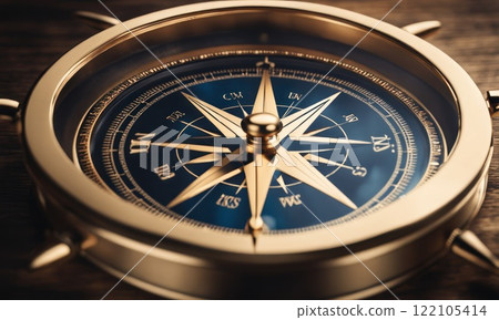 Business goals direction, guidance, mission plan, navigate strategy, achievement objectives and success concepts. Close-up target dart icon on antique round compass with metallic arrow. AI 122105414