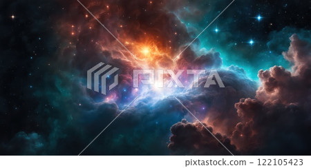 Colorful cosmic nebula veiled in space dust, a celestial spectacle. Fantastic space nebula with glowing cosmic clouds on black background. Universe, stars and galaxies clusters of fantastic worlds. AI 122105423