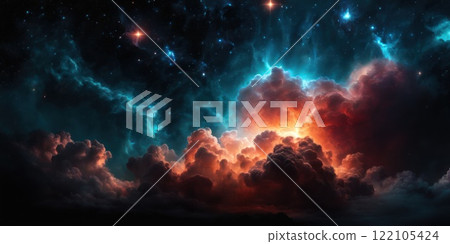 Colorful cosmic nebula veiled in space dust, a celestial spectacle. Fantastic space nebula with glowing cosmic clouds on black background. Universe, stars and galaxies clusters of fantastic worlds. AI 122105424