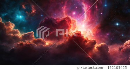 Colorful cosmic nebula veiled in space dust, a celestial spectacle. Fantastic space nebula with glowing cosmic clouds on black background. Universe, stars and galaxies clusters of fantastic worlds. AI Colorful cosmic nebula veiled in space dust, a celestial spectacle. Fantastic space nebula with glowing cosmic clouds on black background. Universe, stars and galaxies clusters of fantastic worlds. AI 122105425