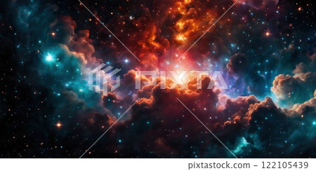 Colorful cosmic nebula veiled in space dust, a celestial spectacle. Fantastic space nebula with glowing cosmic clouds on black background. Universe, stars and galaxies clusters of fantastic worlds. AI Colorful cosmic nebula veiled in space dust, a celestial spectacle. Fantastic space nebula with glowing cosmic clouds on black background. Universe, stars and galaxies clusters of fantastic worlds. AI 122105439