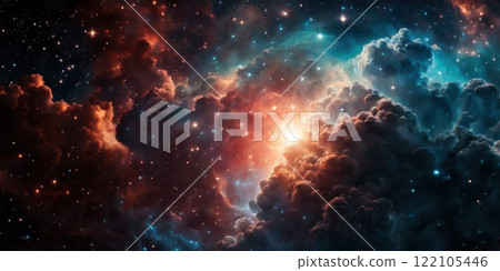 Colorful cosmic nebula veiled in space dust, a celestial spectacle. Fantastic space nebula with glowing cosmic clouds on black background. Universe, stars and galaxies clusters of fantastic worlds. AI 122105446