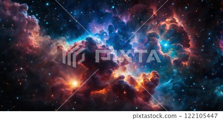 Colorful cosmic nebula veiled in space dust, a celestial spectacle. Fantastic space nebula with glowing cosmic clouds on black background. Universe, stars and galaxies clusters of fantastic worlds. AI 122105447