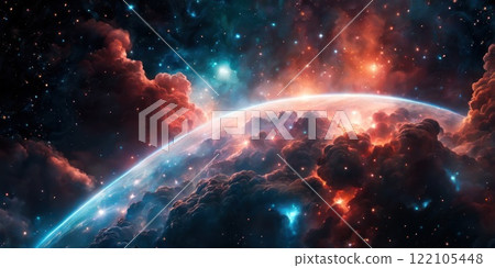 Colorful cosmic nebula veiled in space dust, a celestial spectacle. Fantastic space nebula with glowing cosmic clouds on black background. Universe, stars and galaxies clusters of fantastic worlds. AI Colorful cosmic nebula veiled in space dust, a celestial spectacle. Fantastic space nebula with glowing cosmic clouds on black background. Universe, stars and galaxies clusters of fantastic worlds. AI 122105448