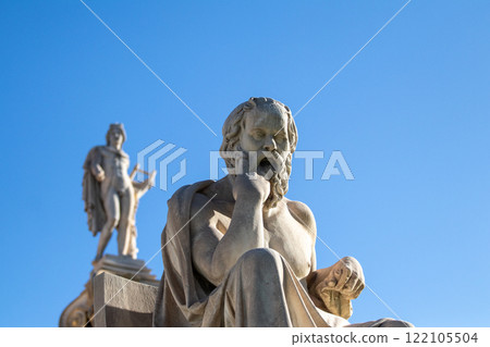 Marble statue of Greek philosopher Socrates. God Apollo on background. Marble statue of Greek philosopher Socrates. God Apollo on background. 122105504