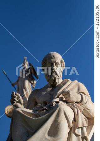 Marble statue of Greek philosopher Plato. Goddess Athena on background. Marble statue of Greek philosopher Plato. Goddess Athena on background. 122105506