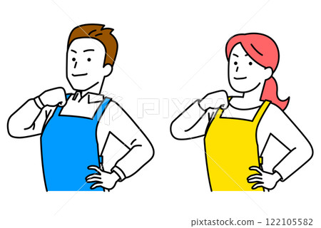 Set of men and women wearing aprons with their chests held high 122105582