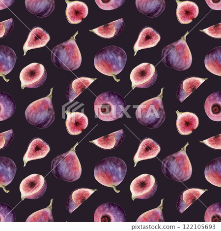 Ripe figs fruits watercolor seamless pattern on dark purple. Whole berries and slices with juicy pulp repeat background in realistic botanical style. Delicacy and gourmet summer food Ripe figs fruits watercolor seamless pattern on dark purple. Whole berries and slices with juicy pulp repeat background in realistic botanical style. Delicacy and gourmet summer food 122105693
