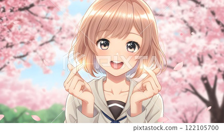 可愛的動漫女孩在櫻花下做一顆心 122105700
