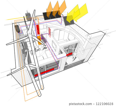 Apartment diagram with floor heating and gas water boiler and connected to the wind turbines and photovoltaic and solar panels  122106028