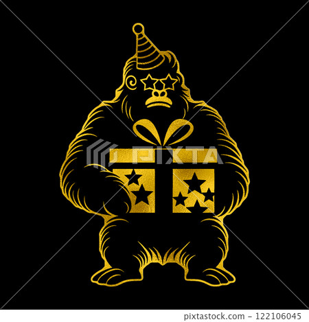 戴著派對帽、戴著星星太陽眼鏡、拿著禮物盒的大猩猩的金色插圖 122106045