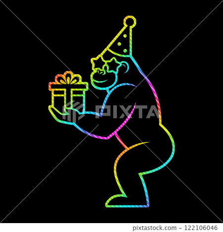 A rainbow gradient gorilla wearing a party hat and star sunglasses and holding a gift box 122106046