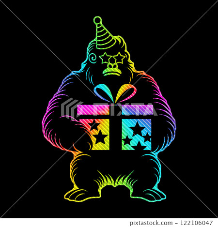A rainbow gradient gorilla wearing a party hat and star sunglasses and holding a gift box 122106047
