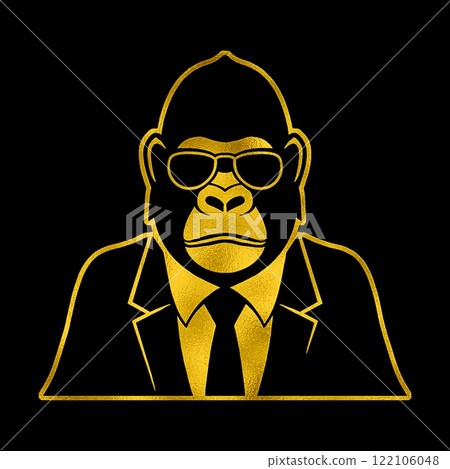 Gold silhouette illustration of a gorilla wearing a tie and sunglasses, cut out on black background 122106048