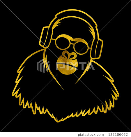 戴著 DJ 耳機和太陽眼鏡、黑色背景聽音樂的大猩猩的金色剪影插圖 122106052