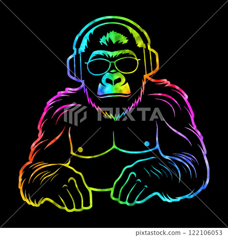 Rainbow gradient illustration of a gorilla listening to music wearing DJ headphones and sunglasses on a black background 122106053