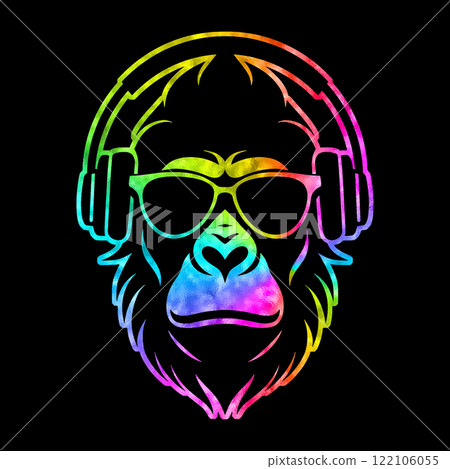 大猩猩戴著 DJ 耳機和太陽眼鏡聽音樂的彩虹顏色漸變插圖，黑色背景 122106055