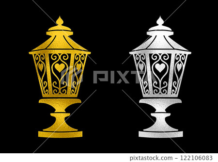 Gold and silver silhouette illustration of a stylish antique stand lamp, cut out on black background 122106083