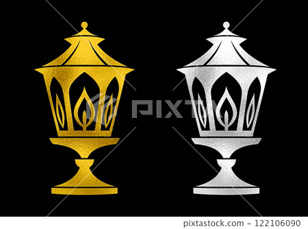 時尚古董立燈的金色和銀色剪影插圖，黑色背景上的切口 122106090