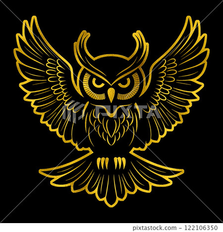 一隻貓頭鷹張開翅膀飛翔的金色剪影插圖，黑色背景上的切口 122106350