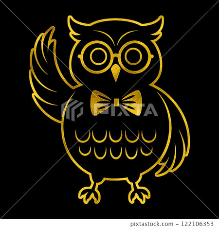 一隻戴著圓眼鏡和領結的聰明貓頭鷹的金色插圖,黑色背景上的切口 一隻戴著圓眼鏡和領結的聰明貓頭鷹的金色插圖,黑色背景上的切口 122106353