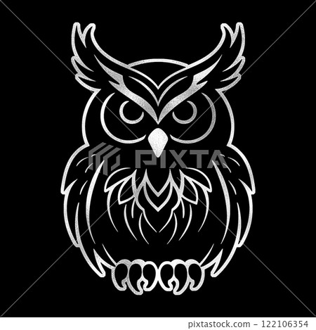黑色背景上的貓頭鷹銀色剪影插圖切口 122106354