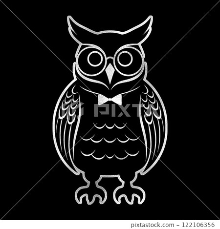 Silver illustration of an intelligent owl wearing round glasses and a bow tie, cut out on a black background Silver illustration of an intelligent owl wearing round glasses and a bow tie, cut out on a black background 122106356
