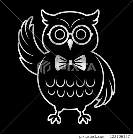 Silver illustration of an intelligent owl wearing round glasses and a bow tie, cut out on a black background Silver illustration of an intelligent owl wearing round glasses and a bow tie, cut out on a black background 122106357